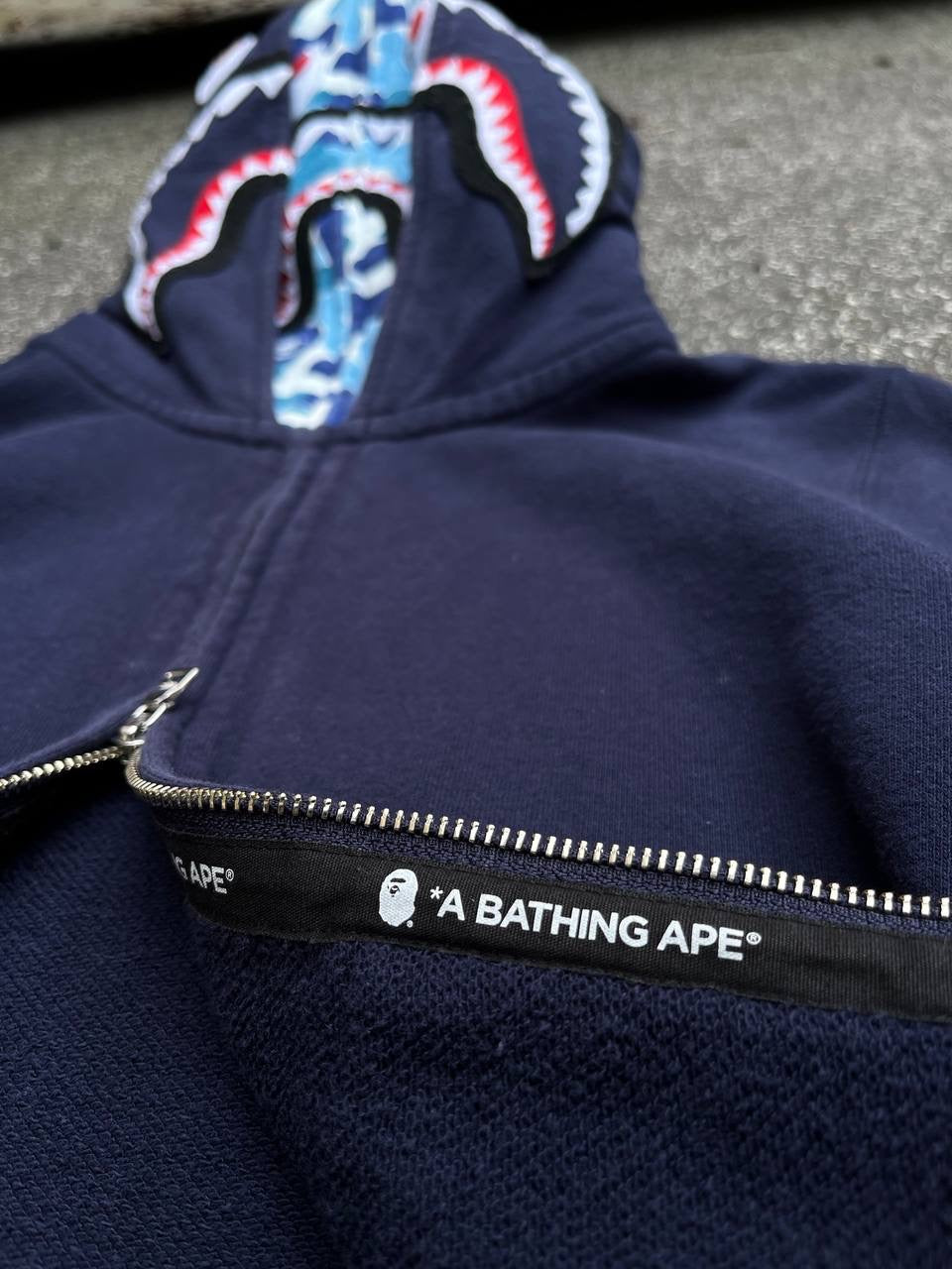 A Bathing Ape Bape Zip Up ABC Camo Shark Wide Full Zip Double Hoodie Navy Mørkeblå S Small