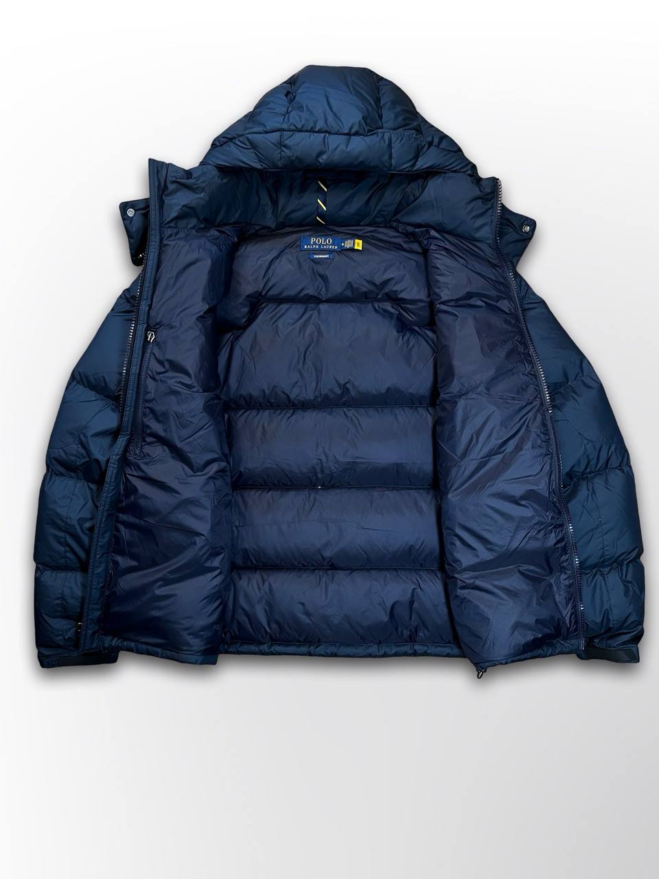Brugt Polo Ralph Lauren Puffer Dunjakke Vinterjakke i Mørkeblå Navy M Medium med Aftagelig Hætte i God Stand