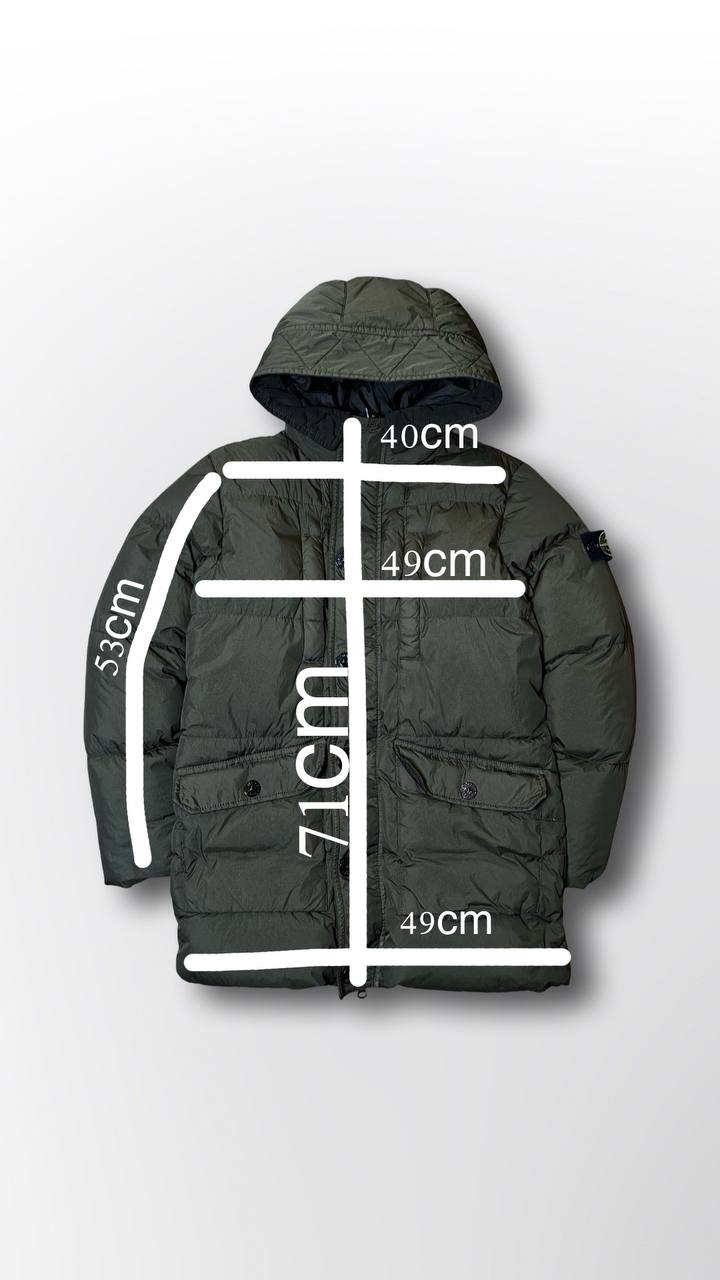 Brugt Used Stone island puffer vinterjakke varm stone island jakke i mørkegrøn khaki farve i XS 154cm