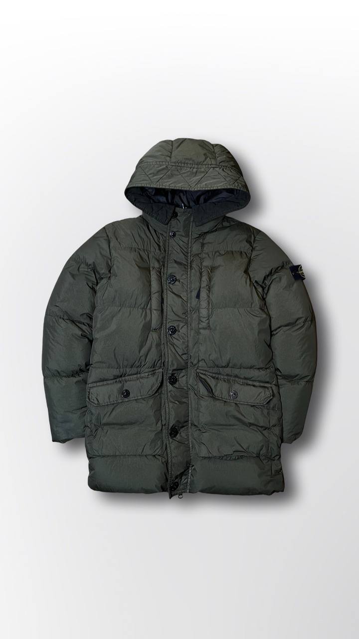 Brugt Used Stone island puffer vinterjakke varm stone island jakke i mørkegrøn khaki farve i XS 154cm