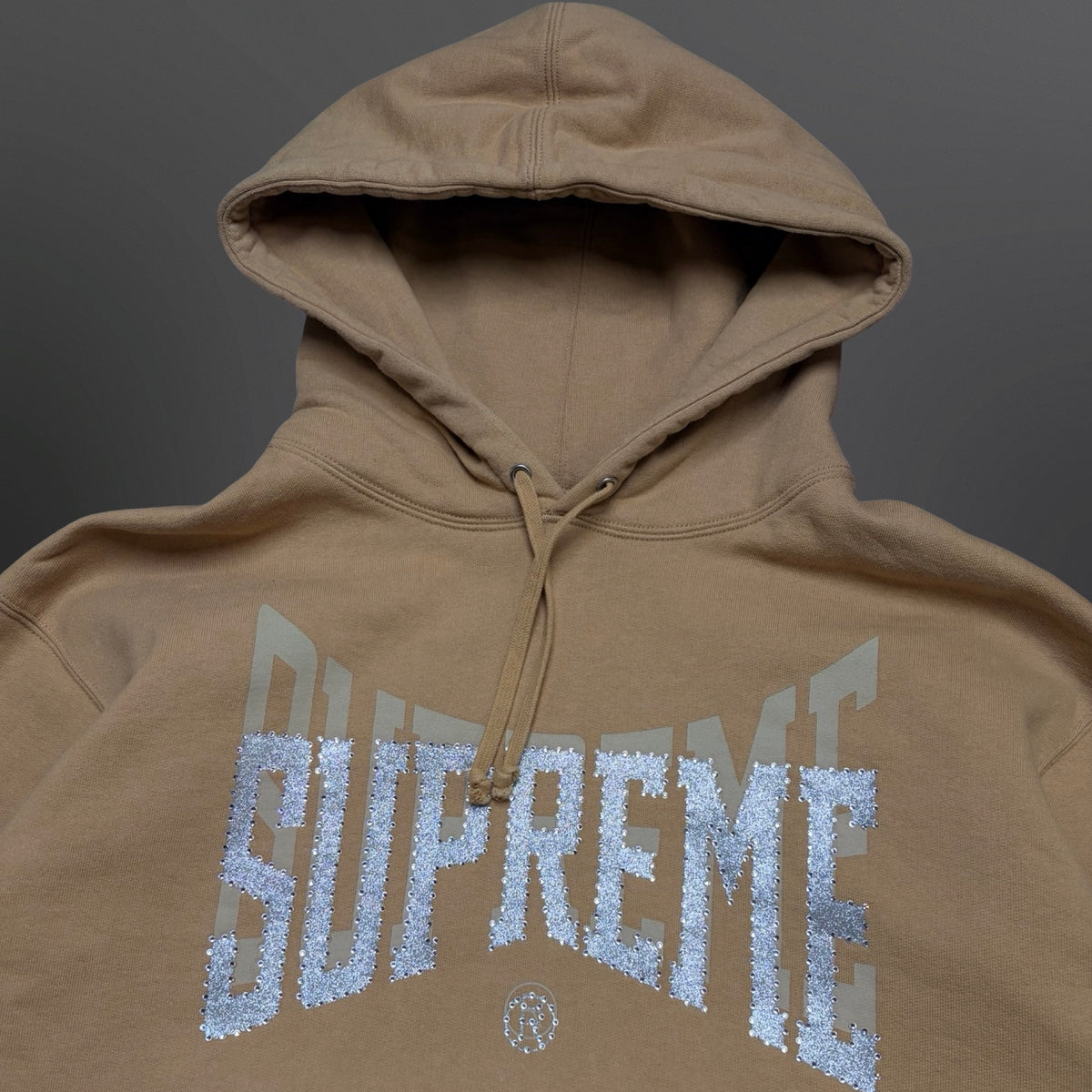 Supreme Rhinestone Arc Logo Hoodie – Beige – Large