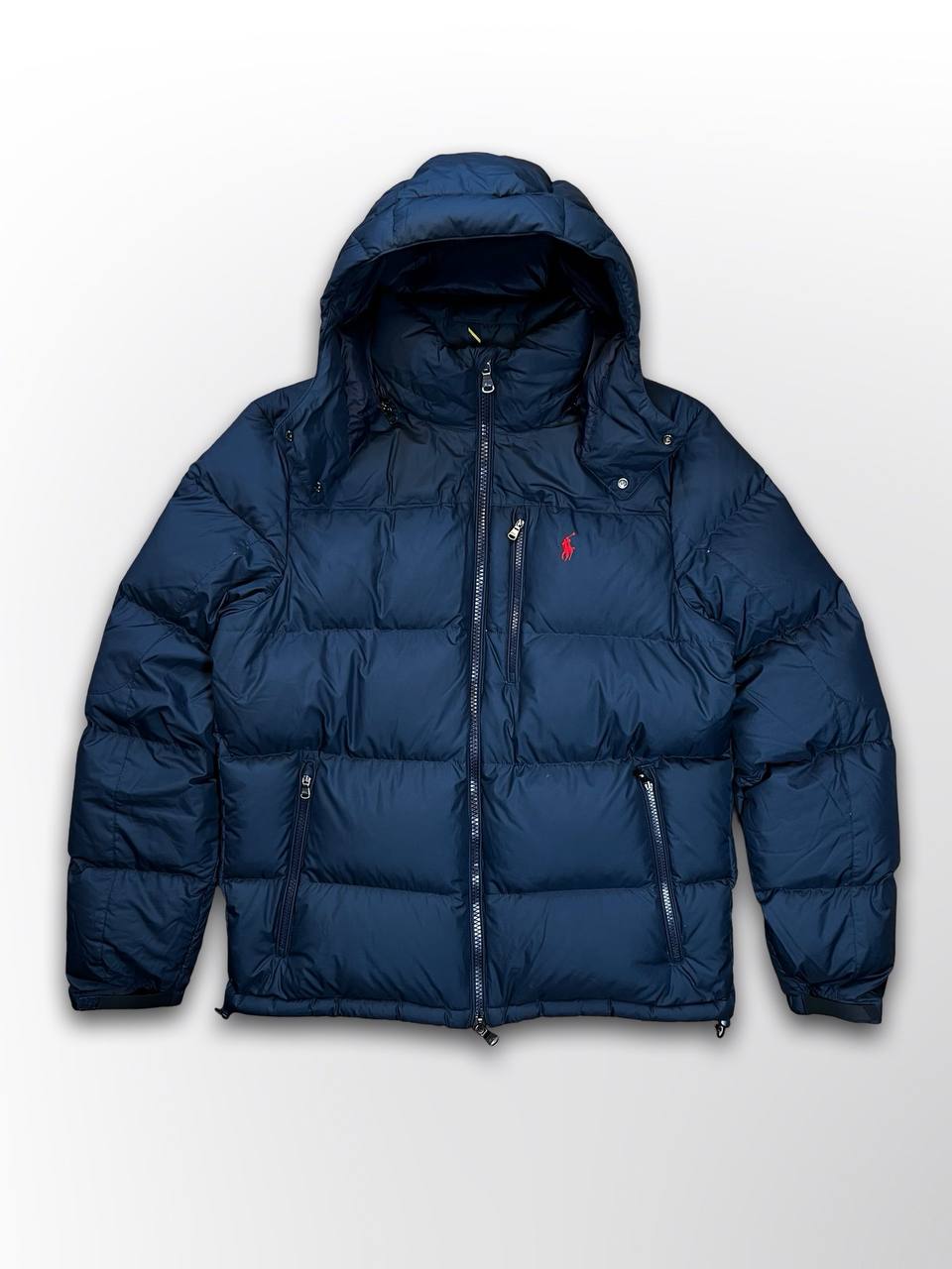 Brugt Polo Ralph Lauren Puffer Dunjakke Vinterjakke i Mørkeblå Navy M Medium med Aftagelig Hætte i God Stand