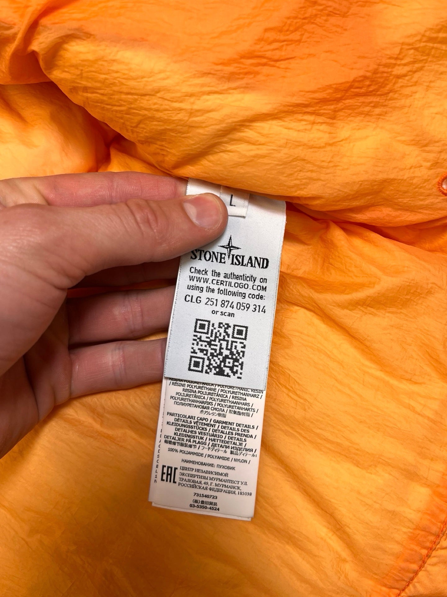 Brugt Used Orange Dunjakke Stone Island Puffer i L large Down Jacket