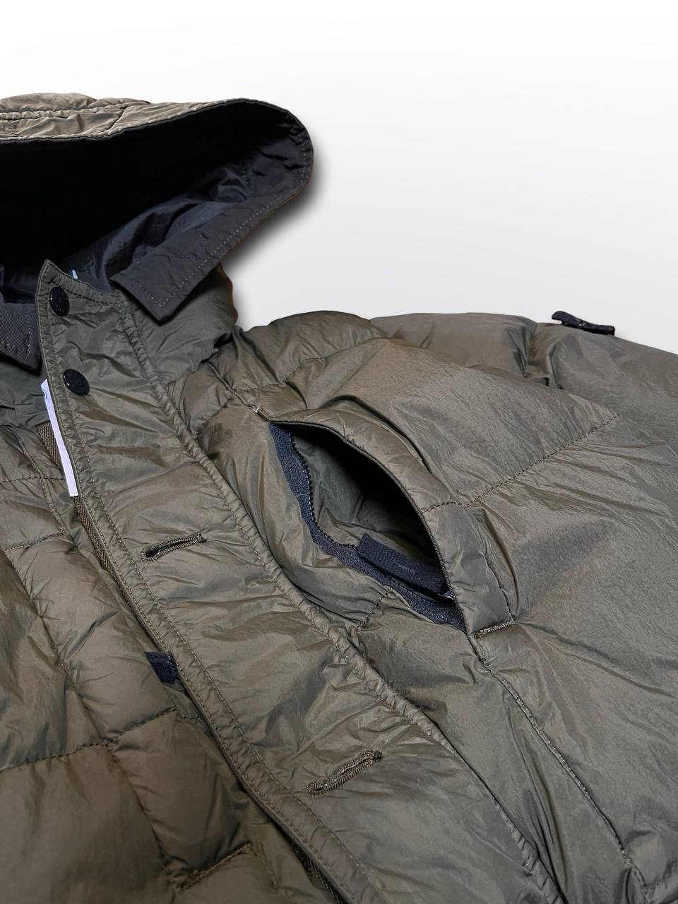 Brugt Used Stone island puffer vinterjakke varm stone island jakke i mørkegrøn khaki farve i XS 154cm