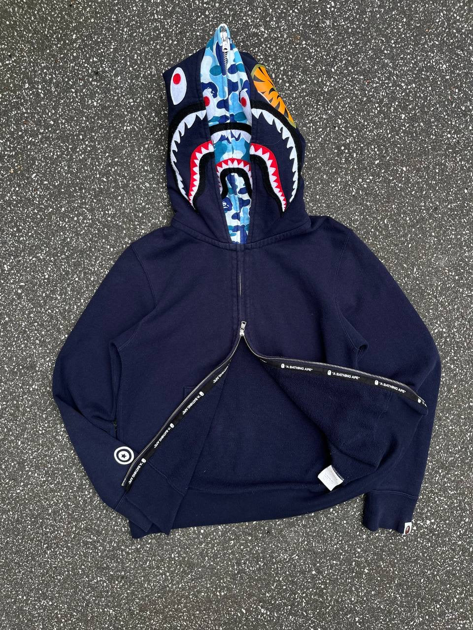 A Bathing Ape Bape Zip Up ABC Camo Shark Wide Full Zip Double Hoodie Navy Mørkeblå S Small