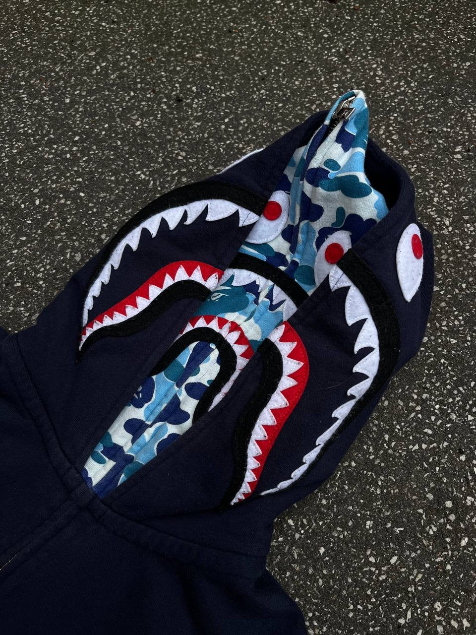 A Bathing Ape Bape Zip Up ABC Camo Shark Wide Full Zip Double Hoodie Navy Mørkeblå S Small