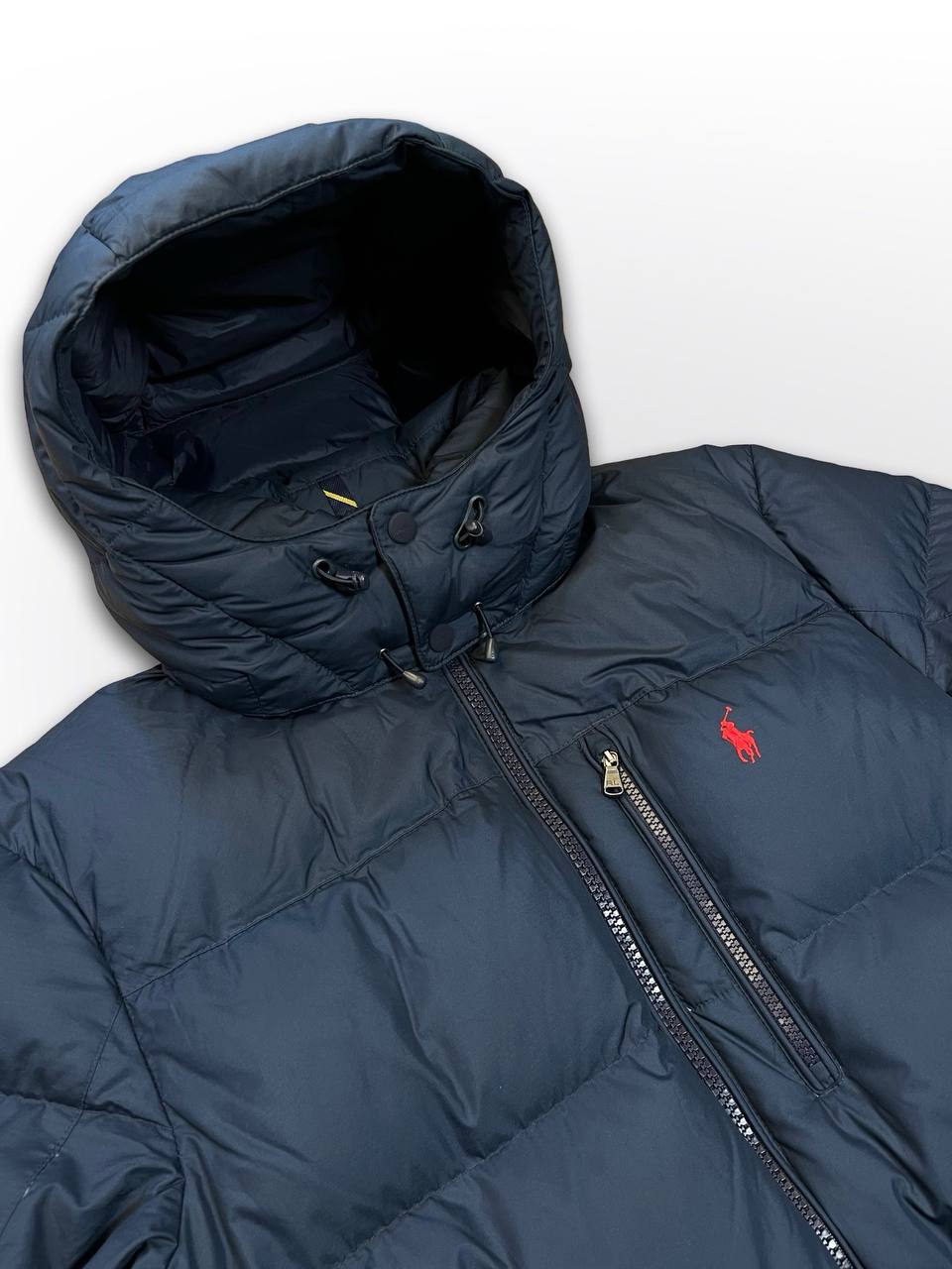 Brugt Polo Ralph Lauren Puffer Dunjakke Vinterjakke i Mørkeblå Navy M Medium med Aftagelig Hætte i God Stand
