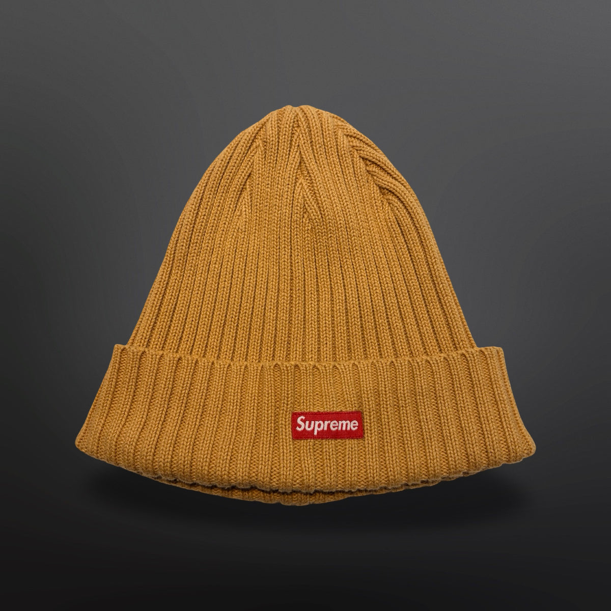 Sennepsgul Supreme-hue i ribstrik med bredt ombuk og rødt Box Logo