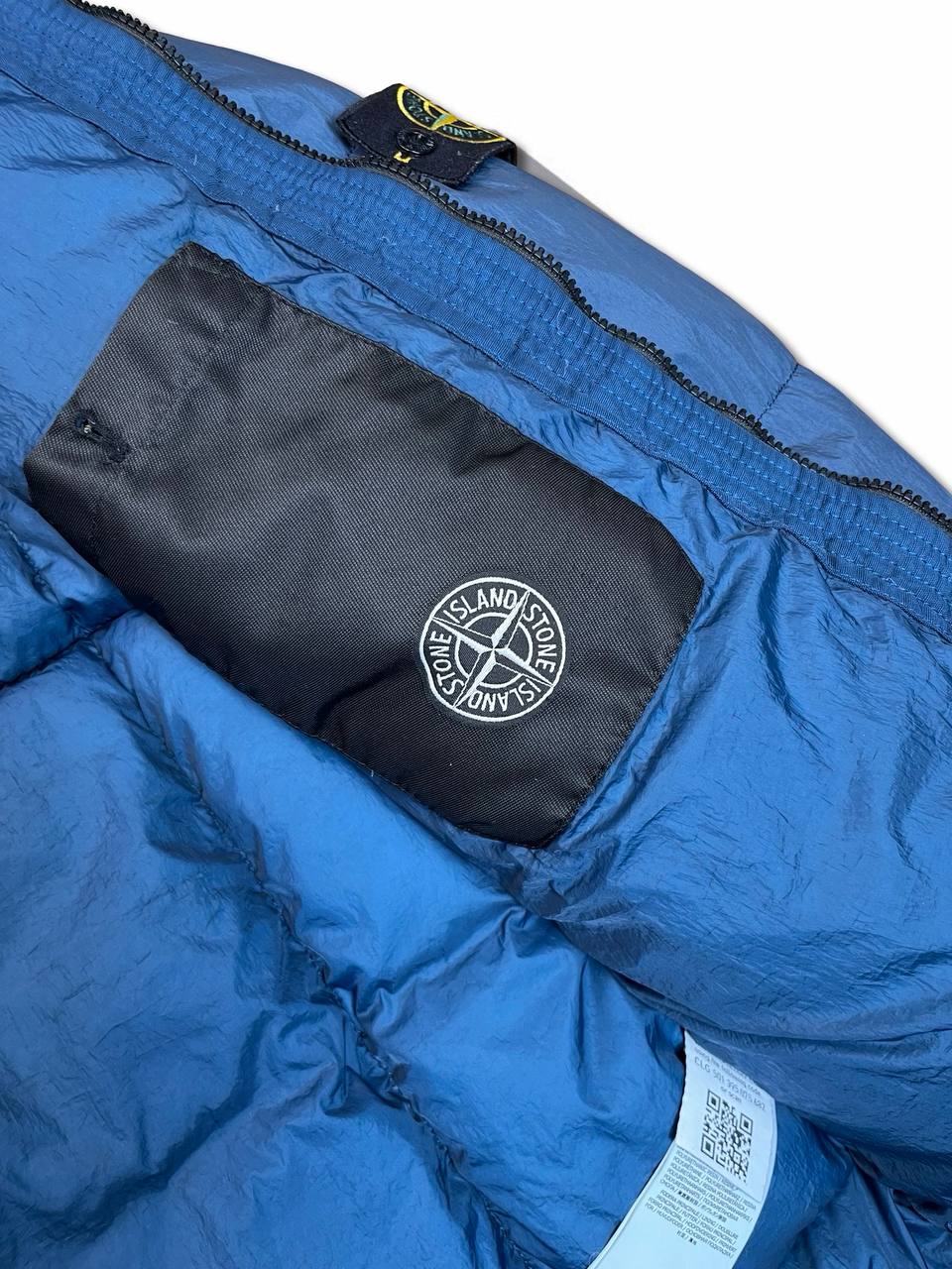 Brugt Used Stone Island Dunjakke i Navy farve L large Garment Dyed Crinkle Reps Ny Down