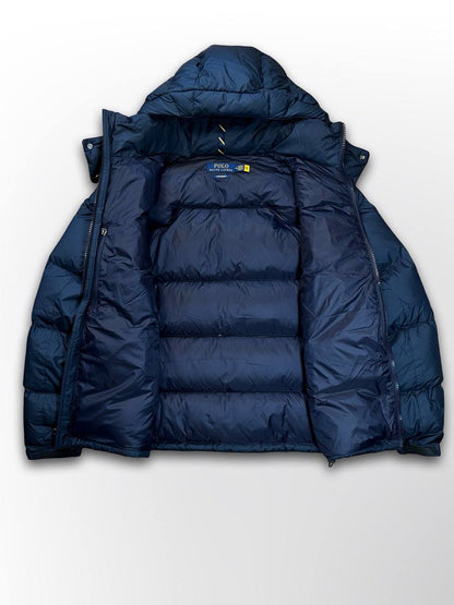 Brugt Polo Ralph Lauren Puffer Dunjakke Vinterjakke i Mørkeblå Navy M Medium med Aftagelig Hætte i God Stand