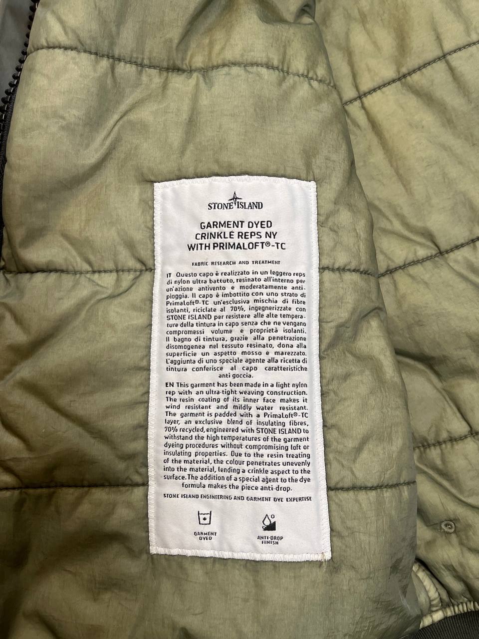 Brugt Used Stone Island Jakke Garment Dyed Crinkle Reps Ny With Primaloft®-Tc i Grøn Khaki farve L Large herre