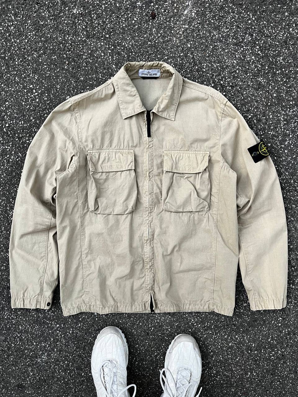 Stone Island Overshirt Skjorte Med Lynlås L Large Beige Brugt Used