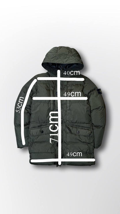 Brugt Used Stone island puffer vinterjakke varm stone island jakke i mørkegrøn khaki farve i XS 154cm