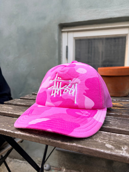 Stüssy x BAPE Pink Camo Trucker Cap