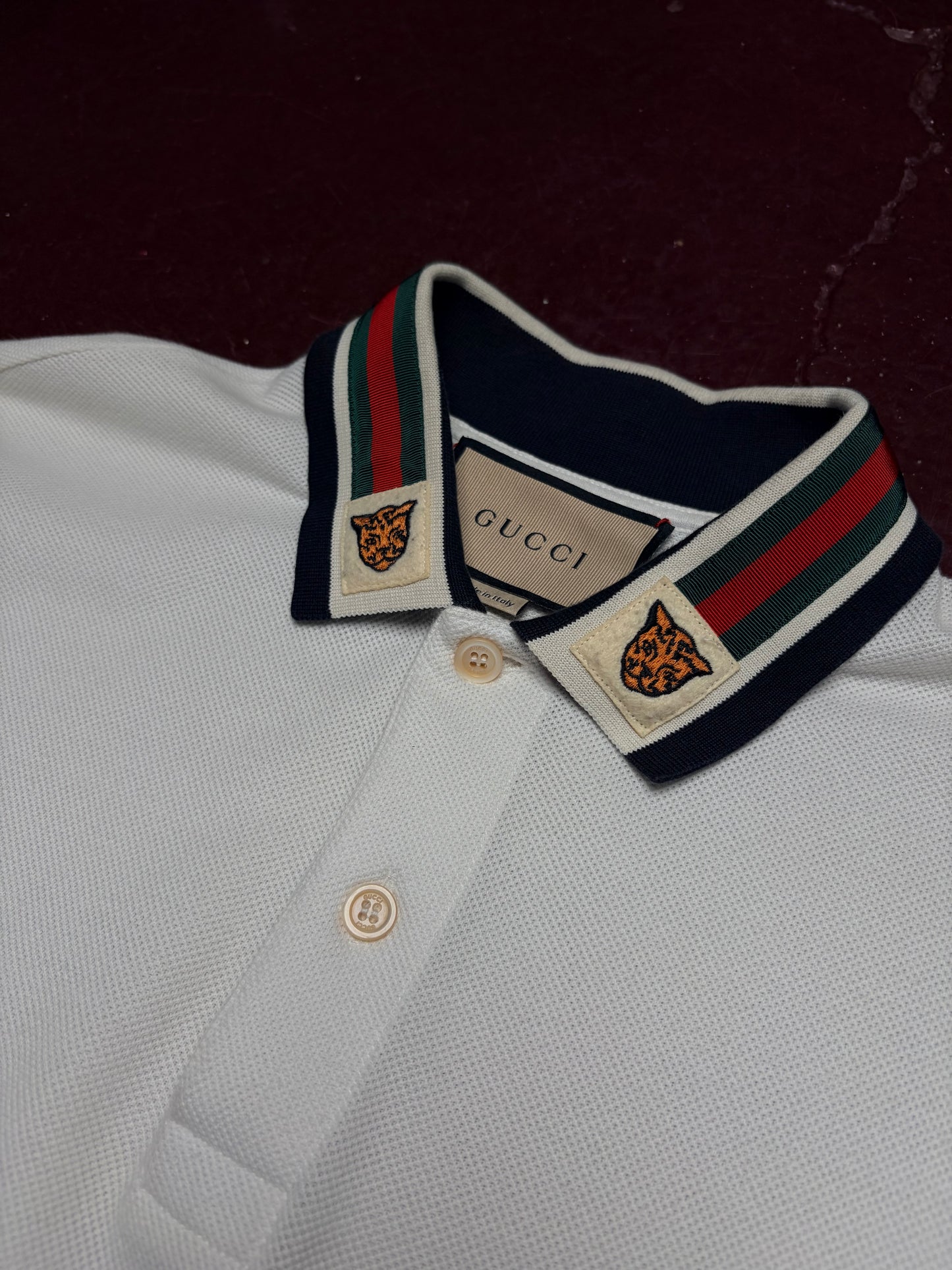 Gucci Web Stripe Tiger Collar Polo – White – Size M