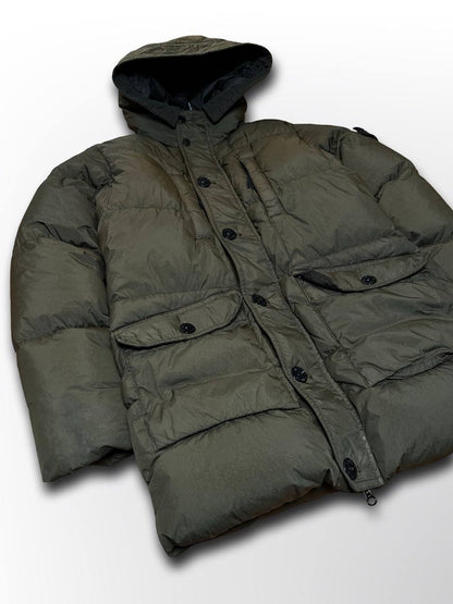 Brugt Used Stone island puffer vinterjakke varm stone island jakke i mørkegrøn khaki farve i XS 154cm