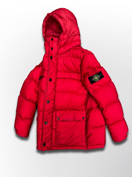 Brugt Stone Island Dunjakke Vinterjakke Micro Rip Stop Opaque Nylon Tela 30 Anni Anniversary i Rød unik model og farve i L large herre
