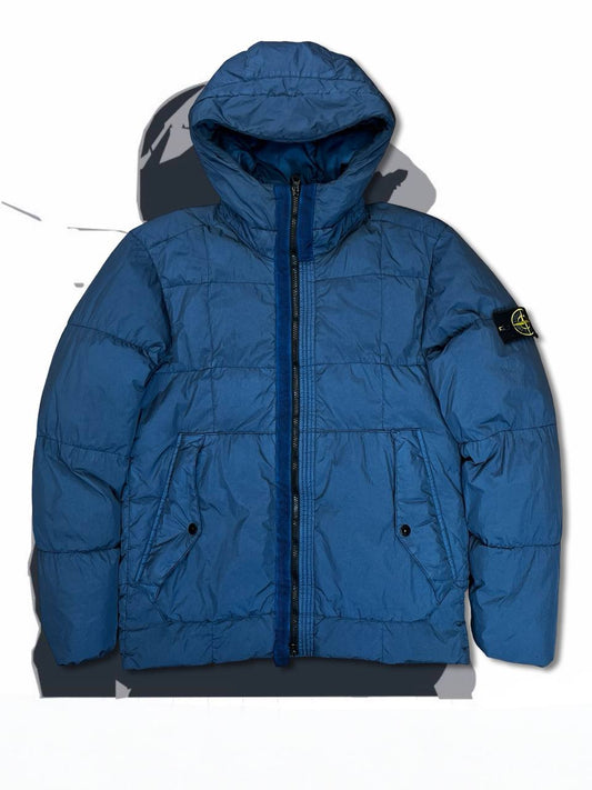 Brugt Used Stone Island Dunjakke i Navy farve L large Garment Dyed Crinkle Reps Ny Down