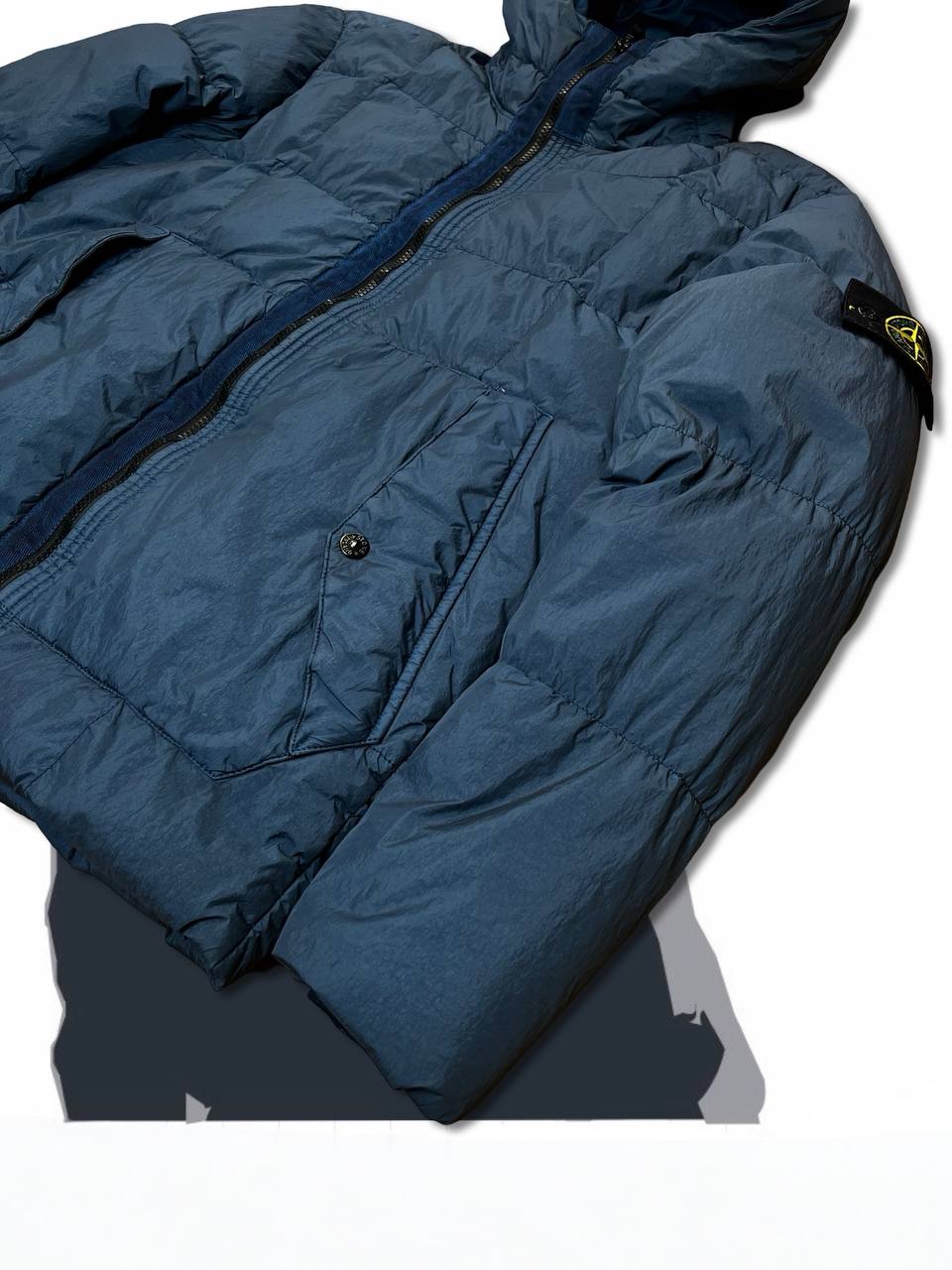 Brugt Used Stone Island Dunjakke i Navy farve L large Garment Dyed Crinkle Reps Ny Down