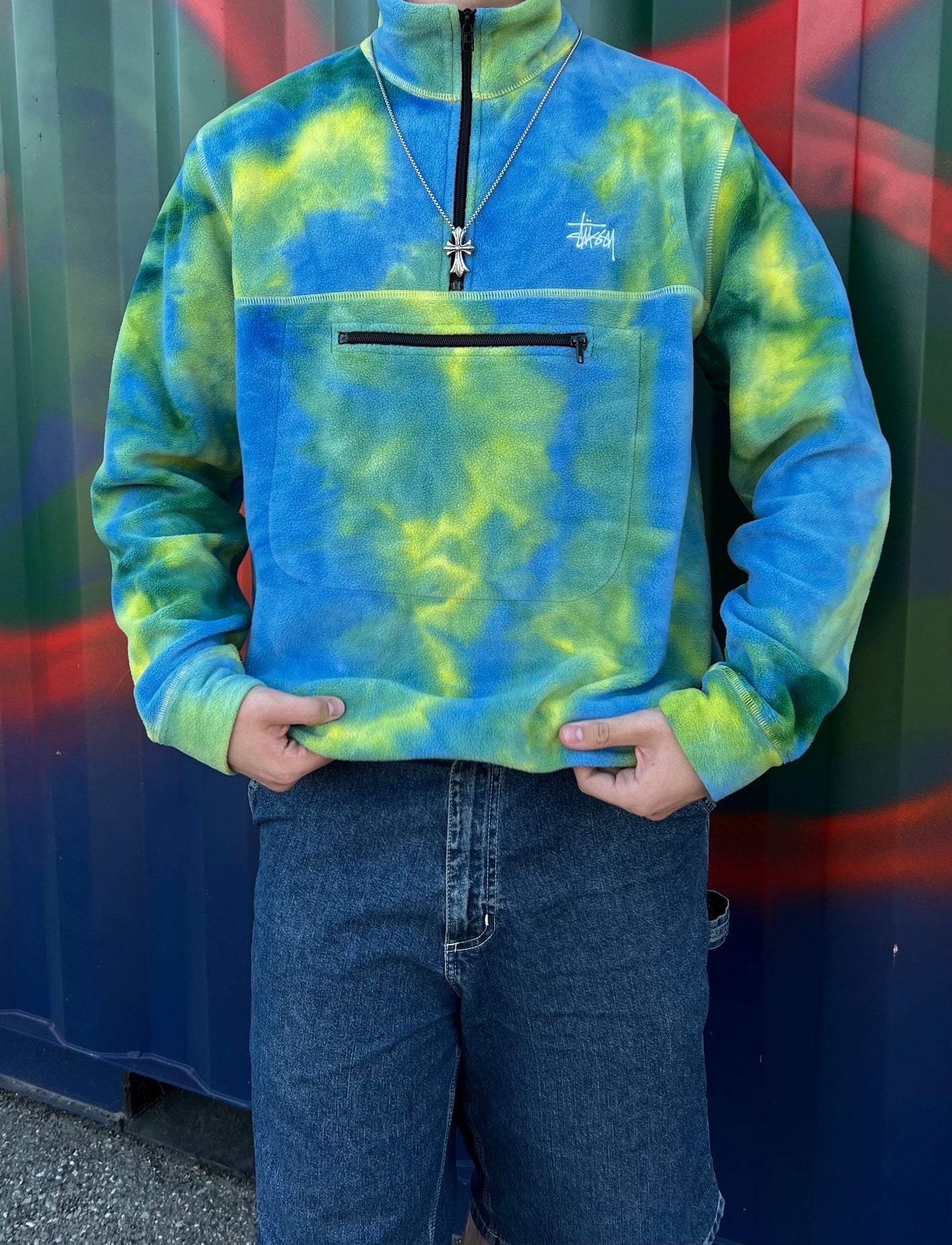 Brugt Used Vintage Stussy fleece i multifarve custom anorak / fleece jakke M medium