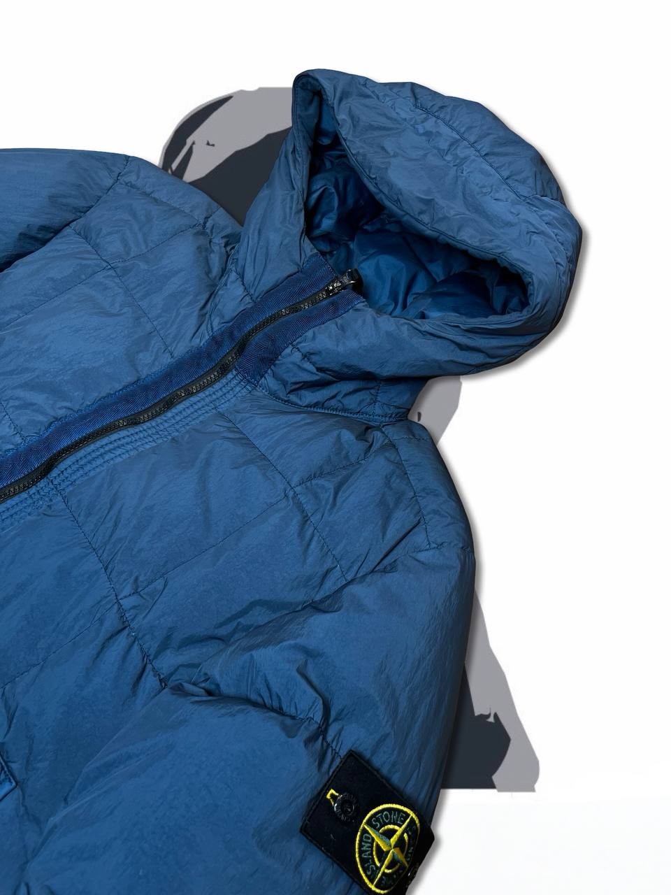 Brugt Used Stone Island Dunjakke i Navy farve L large Garment Dyed Crinkle Reps Ny Down