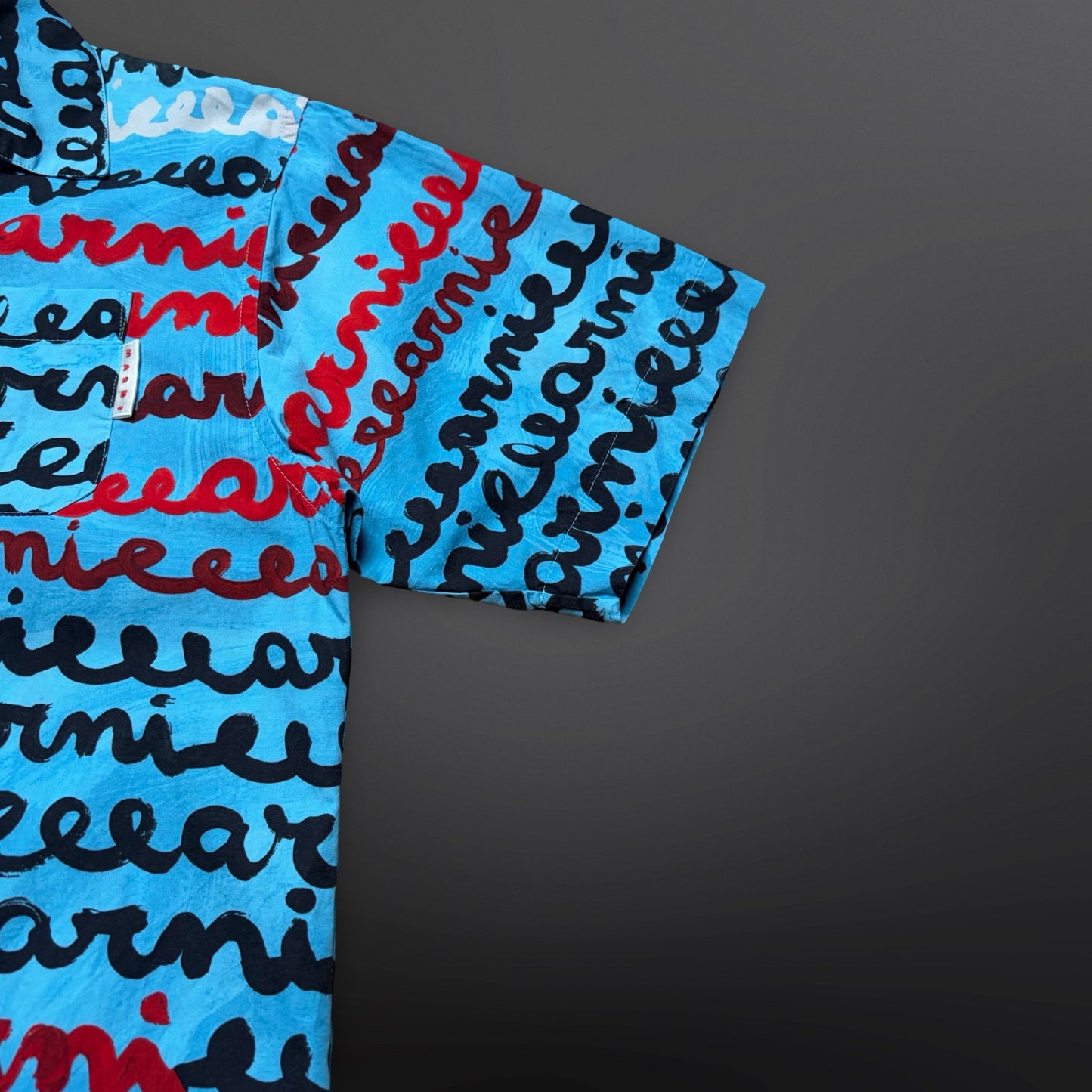 Marni Short Sleeve Shirt – Turquoise Script Print (Str. 46)