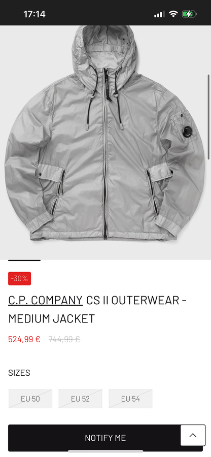 C.P. Company CS II Jakke i Large L silver Brand New