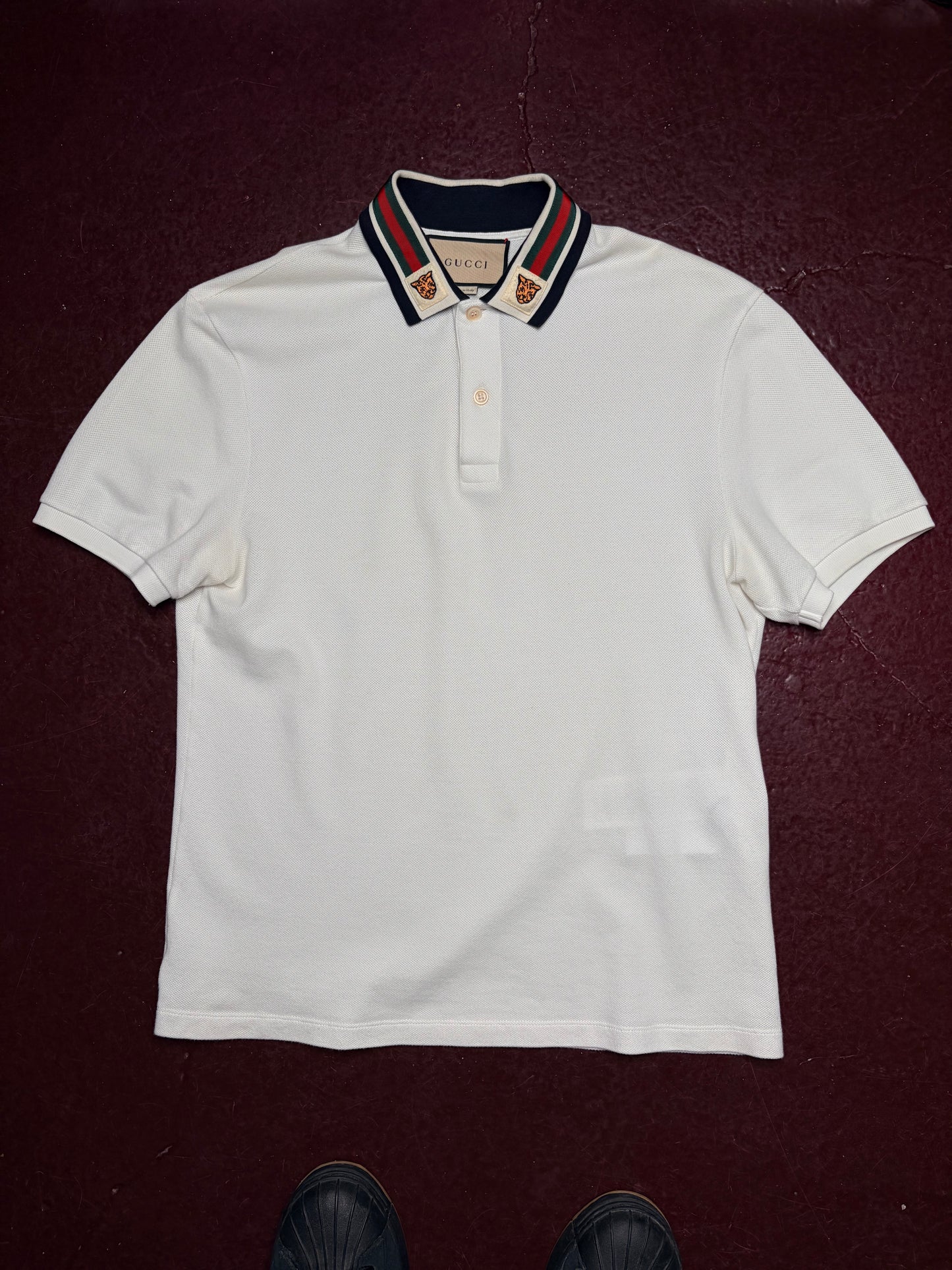 Gucci Web Stripe Tiger Collar Polo – White – Size M