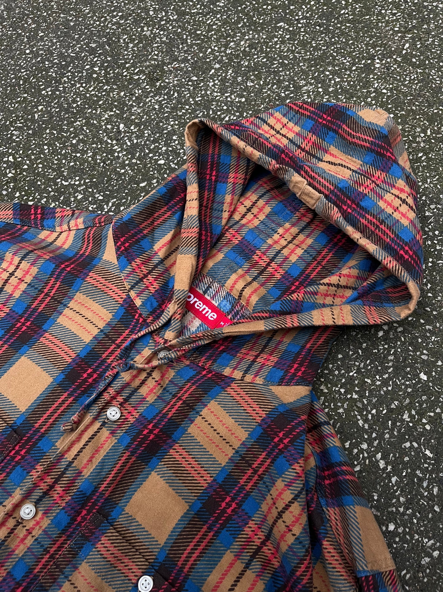 Supreme Plaid Hooded Shirt – Beige / Blå / Rød Str. M