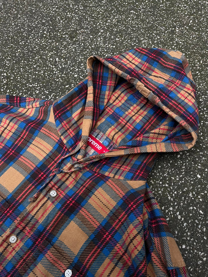 Supreme Plaid Hooded Shirt – Beige / Blå / Rød Str. M