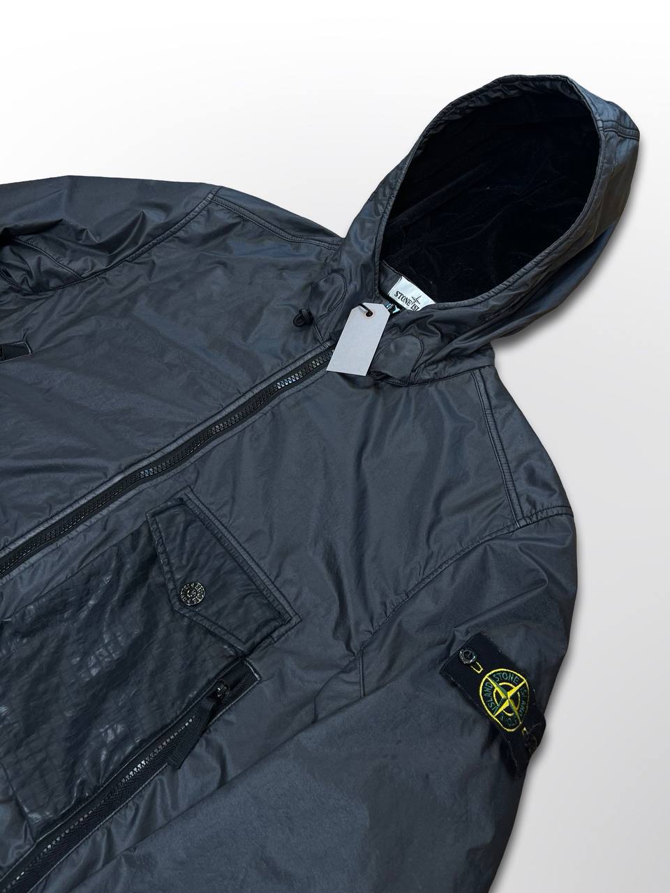 Brugt Used Sjælden Stone Island Jakke Lamy Flock i Grå Sort Farve XL herre