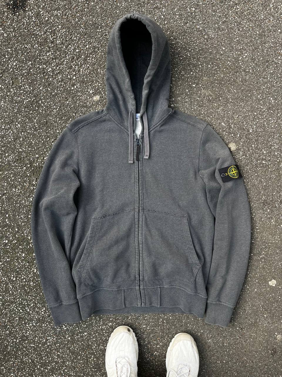 Stone Island Zip Up Hættetrøje Hoodie Med Lynlås Grå Grey L Large Brugt Used