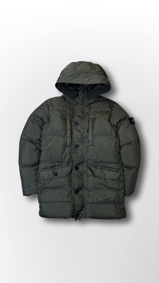 Brugt Used Stone island puffer vinterjakke varm stone island jakke i mørkegrøn khaki farve i XS 154cm