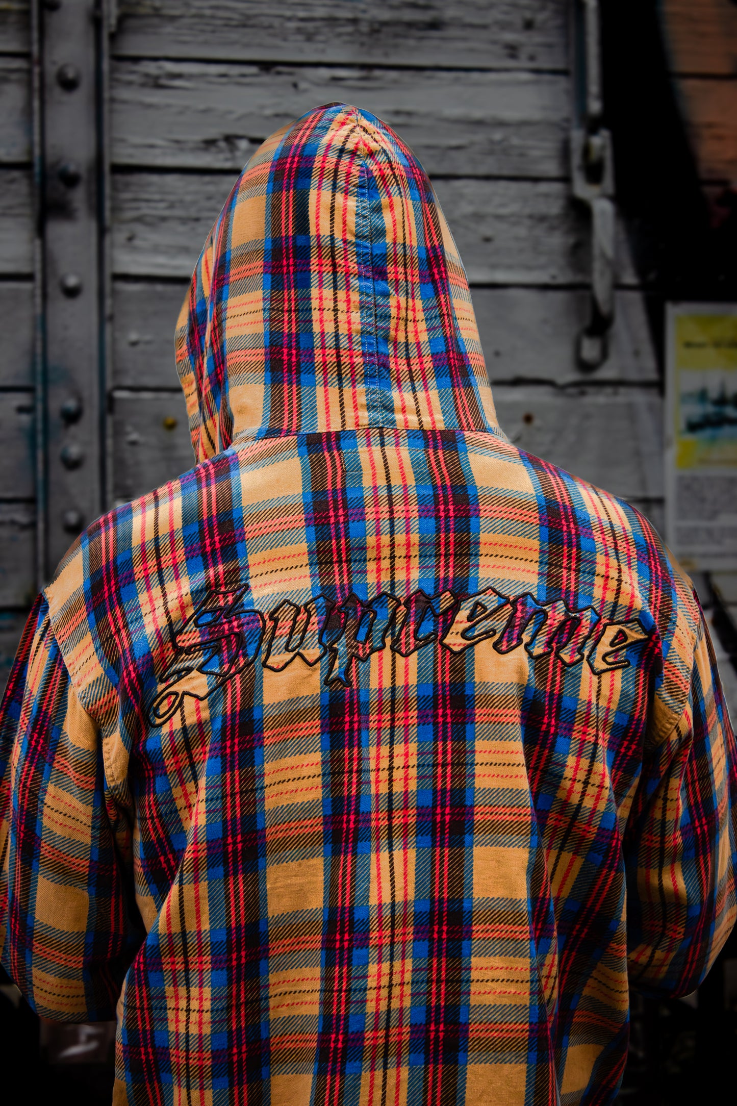 Supreme Plaid Hooded Shirt – Beige / Blå / Rød Str. M
