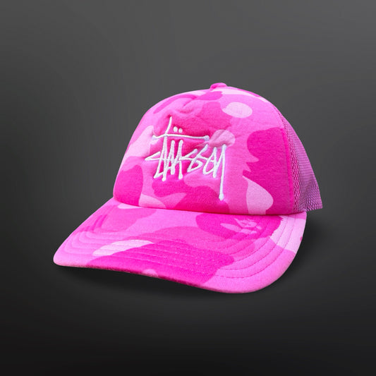 Stüssy x BAPE Pink Camo Trucker Cap
