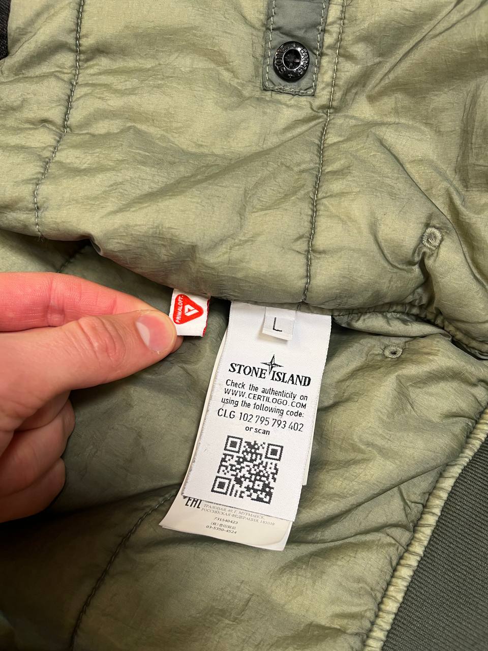 Brugt Used Stone Island Jakke Garment Dyed Crinkle Reps Ny With Primaloft®-Tc i Grøn Khaki farve L Large herre