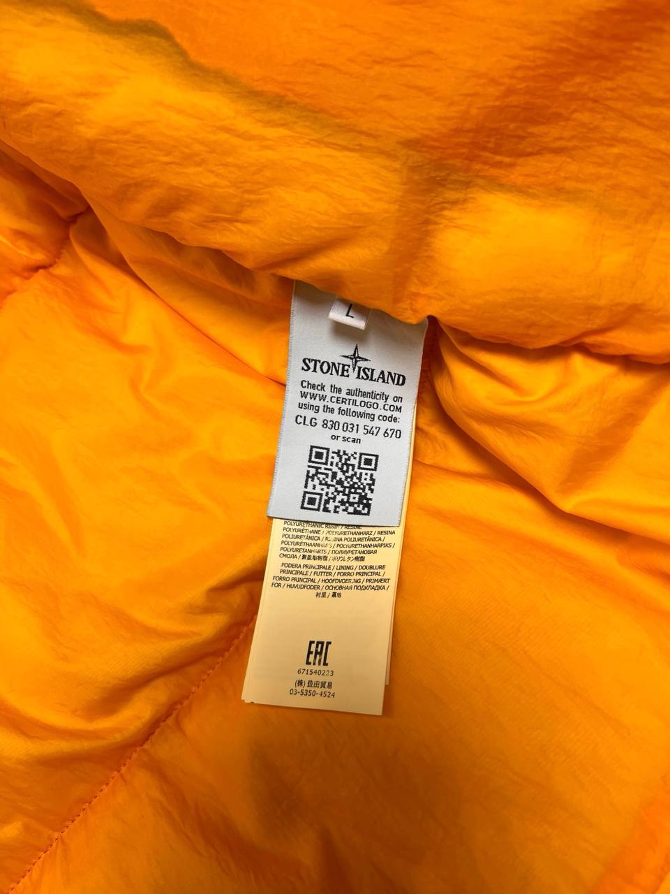 Brugt Used Stone Island Dunjakke Garment Dyed Crinkle Reps Ny Down i Orange farve i L large i god stand