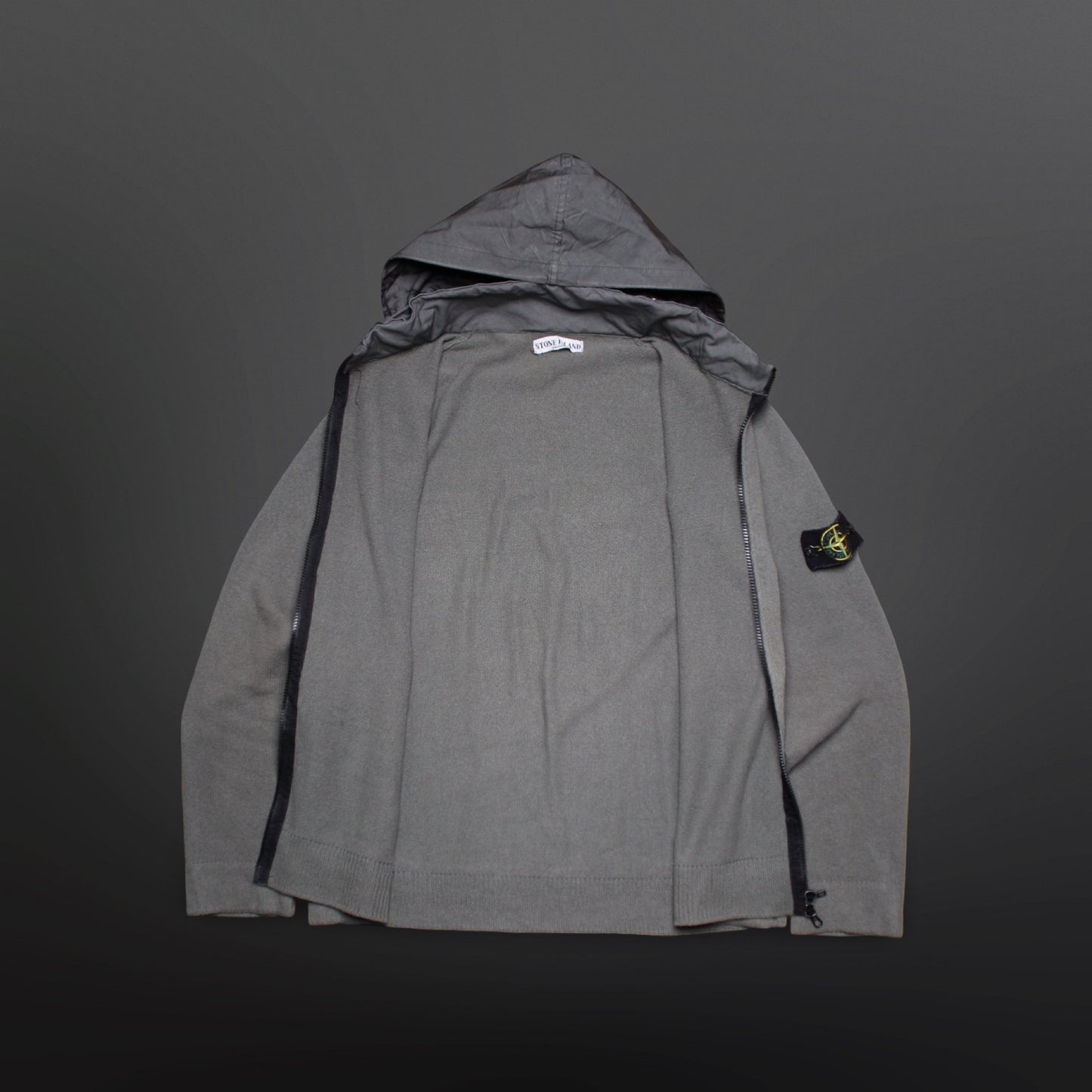 Stone Island Vintage Zip Cardigan med skjult hætte – grå XL