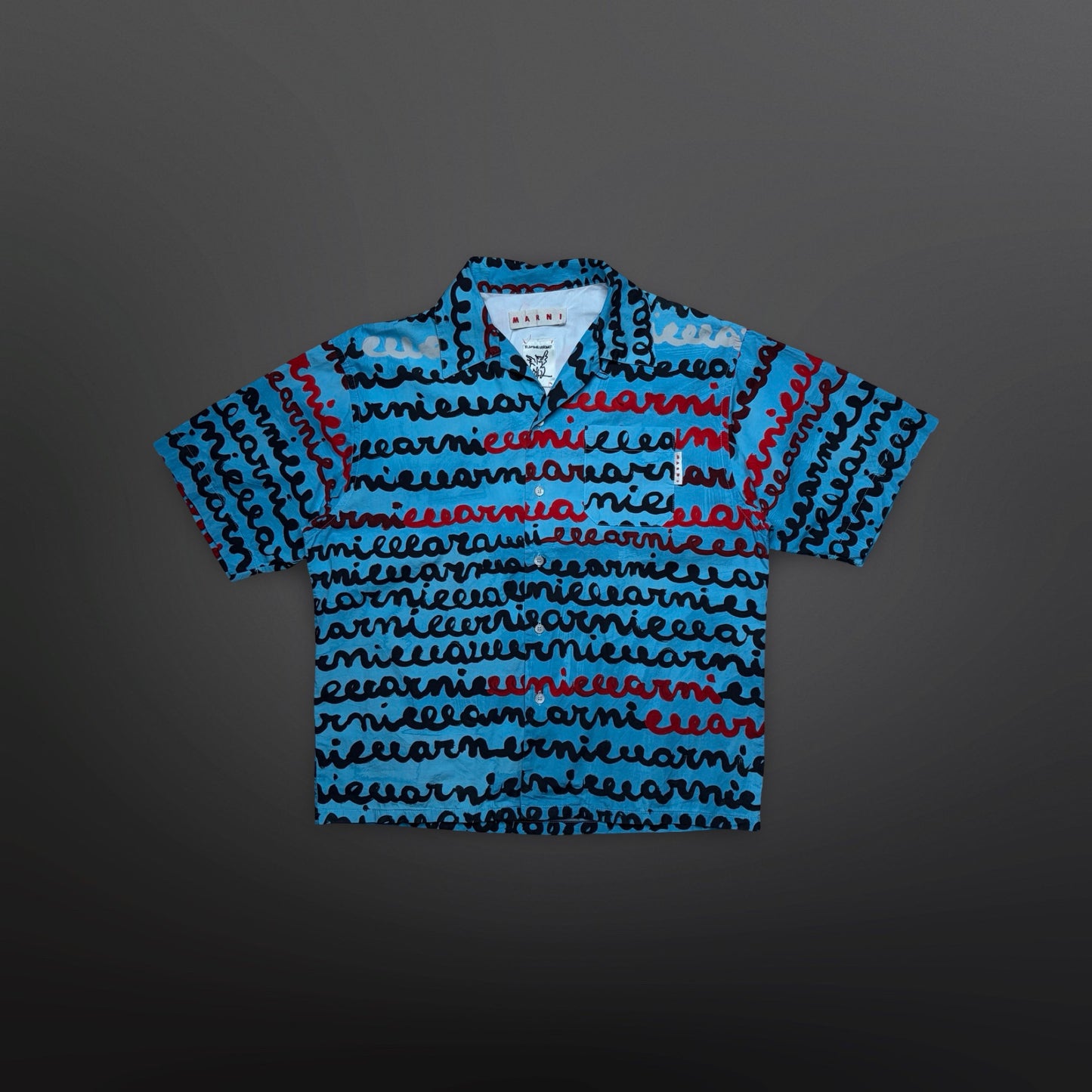 Marni Short Sleeve Shirt – Turquoise Script Print (Str. 46)