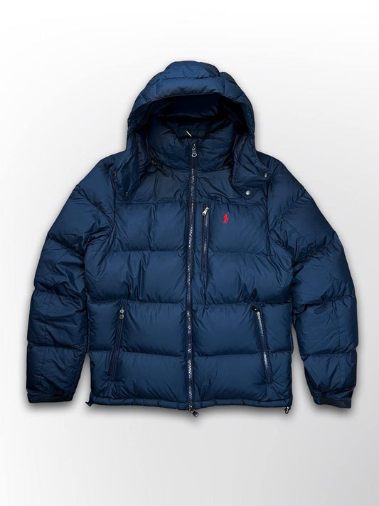 Brugt Polo Ralph Lauren Puffer Dunjakke Vinterjakke i Mørkeblå Navy M Medium med Aftagelig Hætte i God Stand