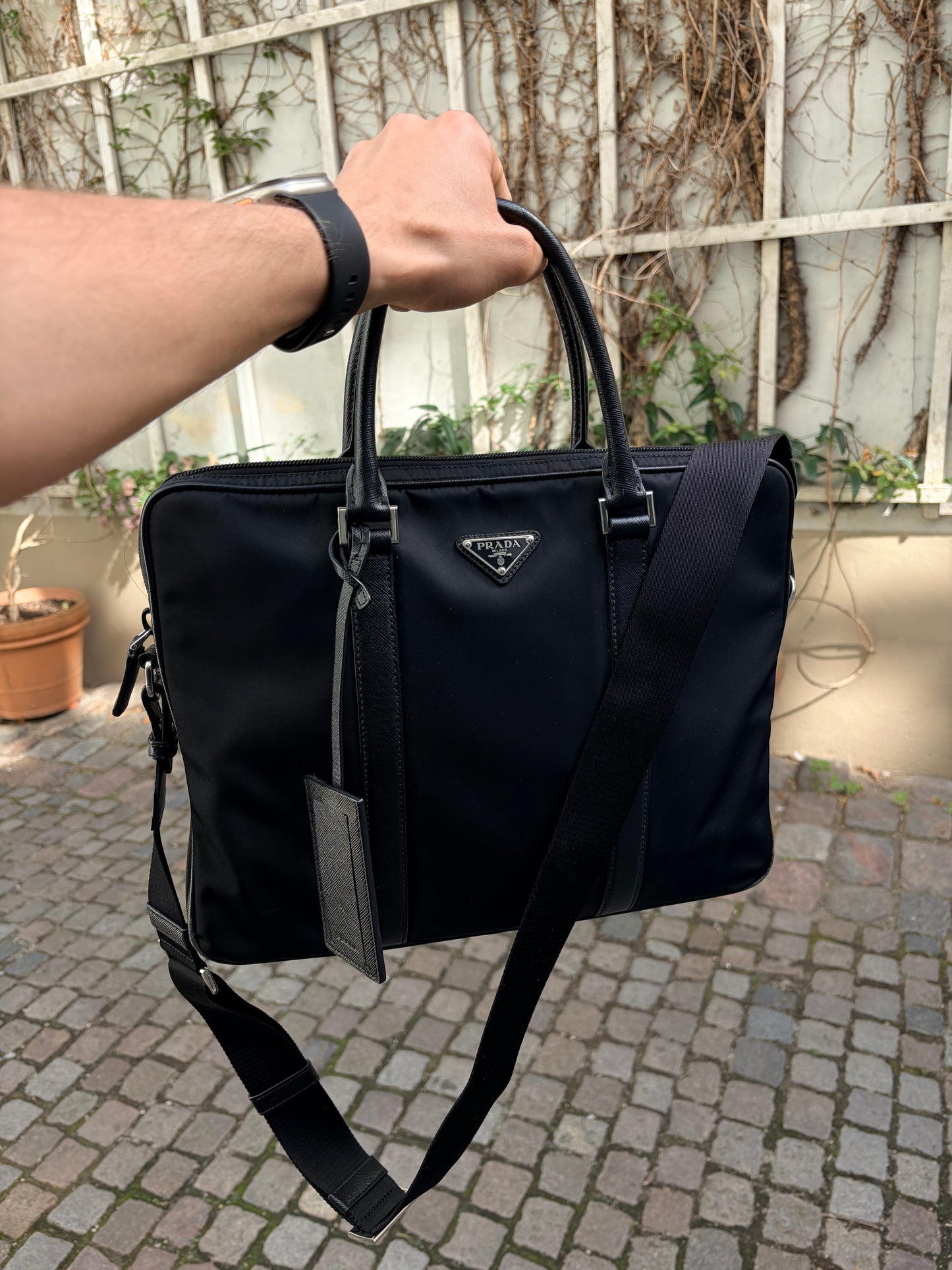 Prada Saffiano-Trimmed Tessuto Business Bag – Black