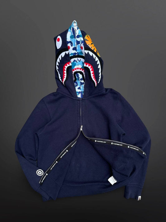 A Bathing Ape Bape Zip Up ABC Camo Shark Wide Full Zip Double Hoodie Navy Mørkeblå S Small 