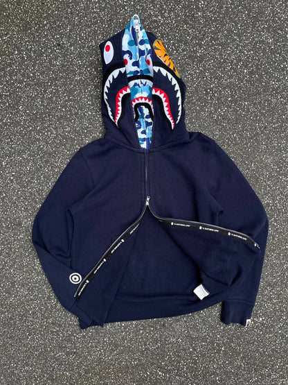 A Bathing Ape Bape Zip Up ABC Camo Shark Wide Full Zip Double Hoodie Navy Mørkeblå S Small