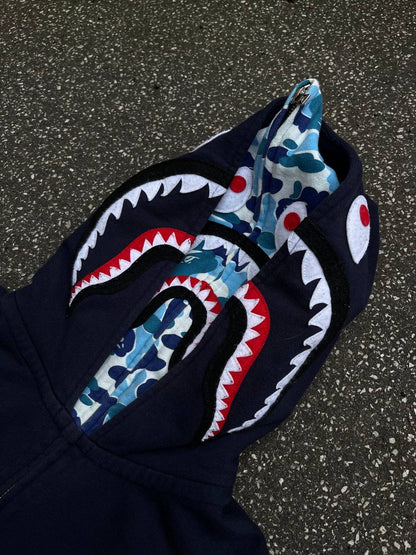 A Bathing Ape Bape Zip Up ABC Camo Shark Wide Full Zip Double Hoodie Navy Mørkeblå S Small
