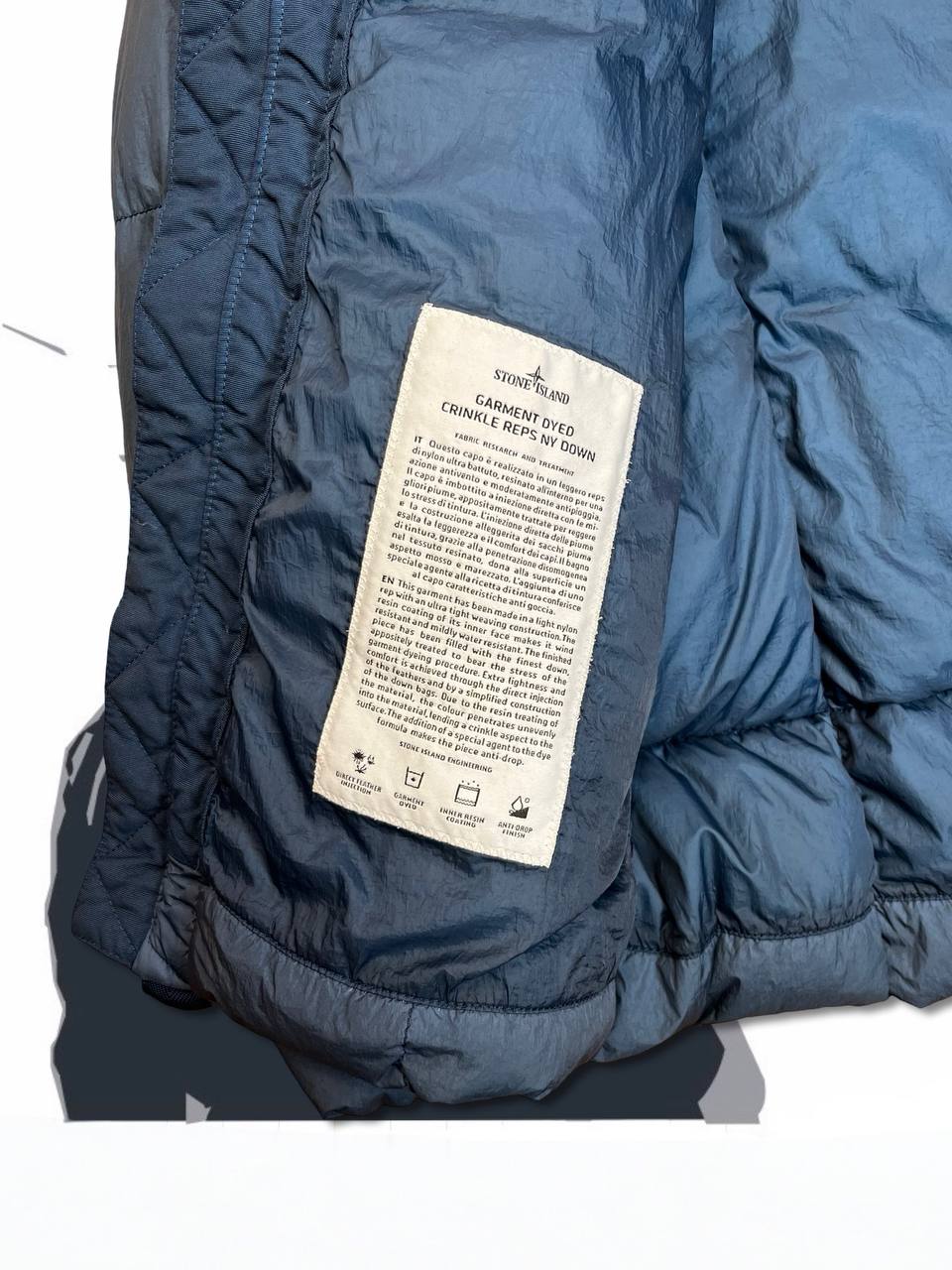 Brugt Used Stone Island Dunjakke i Navy farve L large Garment Dyed Crinkle Reps Ny Down