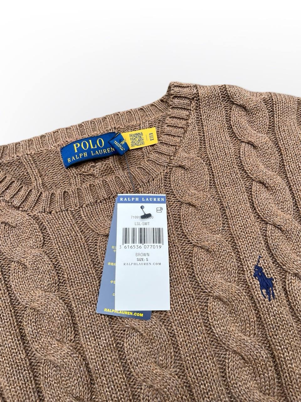 Polo Ralph Lauren Cable Net Sweater i Beige Brun herre Ny
