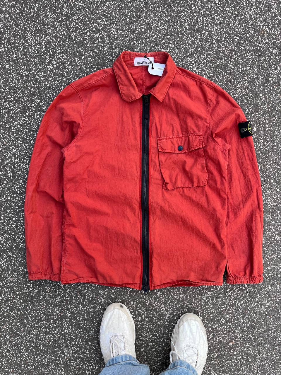 Stone Island Overshirt Skjorte Med Lynlås Jakke Overgangsjakke M Medium Brugt Used Rød Coral Farve