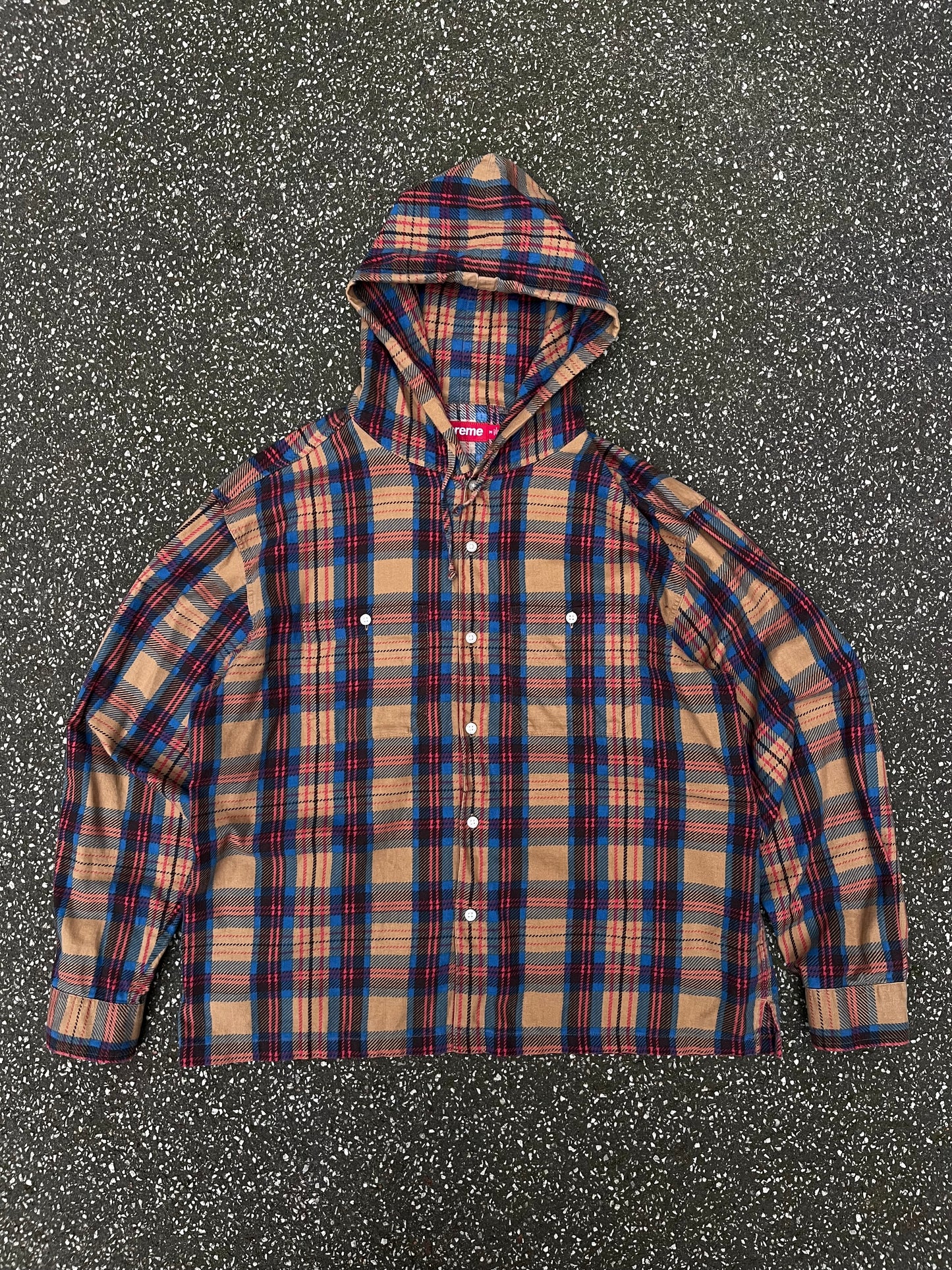 Supreme Plaid Hooded Shirt – Beige / Blå / Rød Str. M