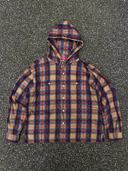 Supreme Plaid Hooded Shirt – Beige / Blå / Rød Str. M