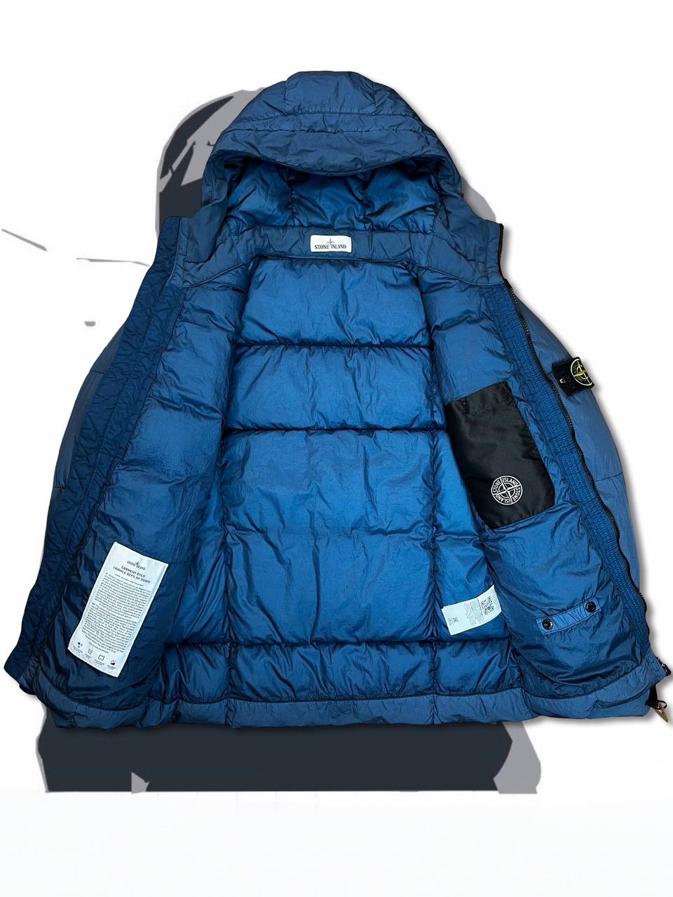 Brugt Used Stone Island Dunjakke i Navy farve L large Garment Dyed Crinkle Reps Ny Down
